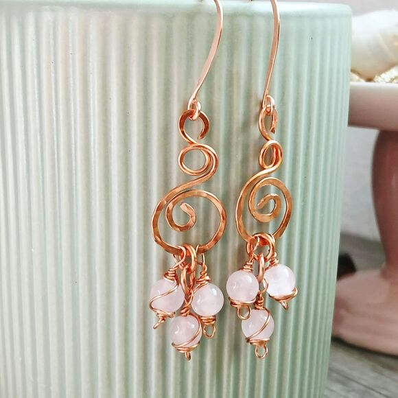 Boho Chic Rose Quartz Crystal Dangle Earrings, Hammered Copper Gemstone Jewelry - Picture 1 of 3